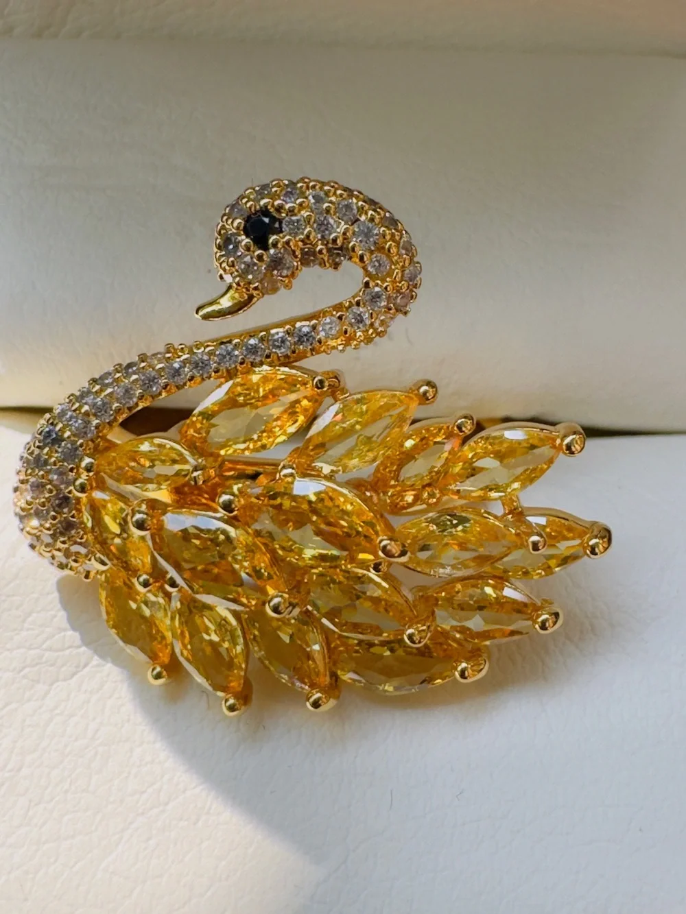 Yellow Swan Brooch with Yellow Crystal Feathers